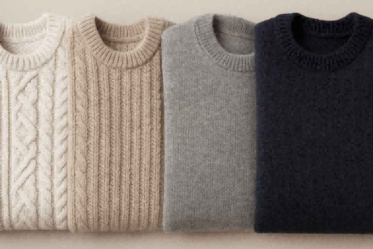 A collection of different merino wool sweaters showing various knit textures and styles.